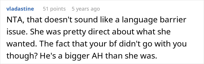 A screenshot of a Reddit comment by user vladastine, discussing a boyfriend not being welcome at a party.