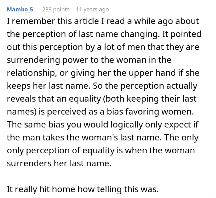 An awkward comment discussing male perception of last name changes, revealing people shared too much. An awkward comment discussing male perception of last name changes, revealing people shared too much.