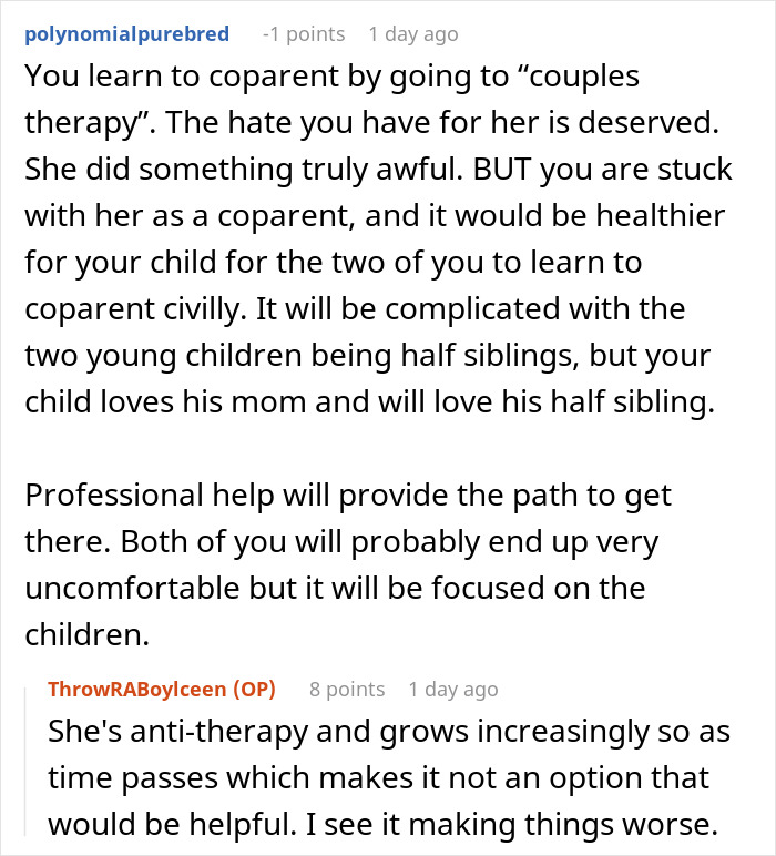 Reddit comments on a thread about a wife who cheats on husband, with advice on co-parenting after ludicrous demands. Reddit comments on a thread about a wife who cheats on husband, with advice on co-parenting after ludicrous demands.