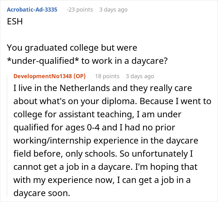 Comments discussing the babysitter's qualifications for a daycare job and the gaslighting parents. Comments discussing the babysitter's qualifications for a daycare job and the gaslighting parents.