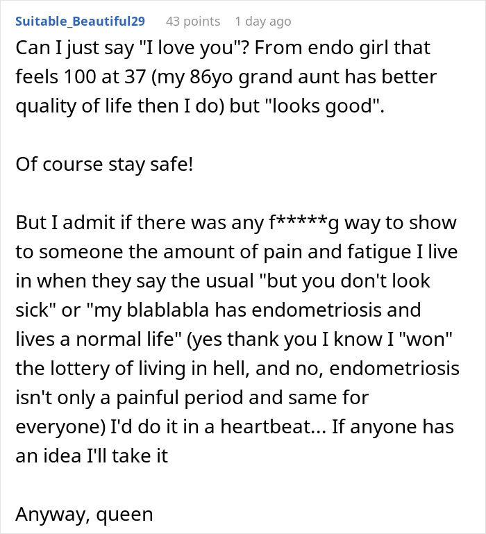 A person with a disability shares their frustration with being told they 'don't look sick' by a nosy relative.