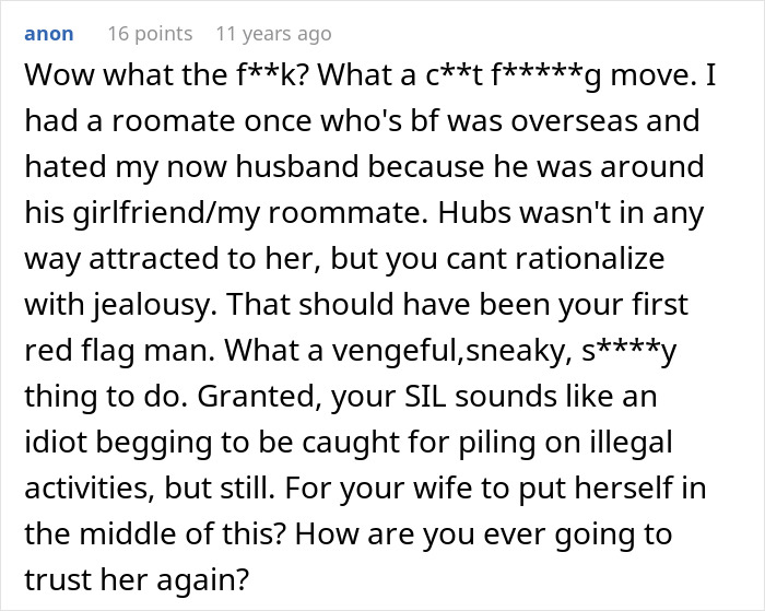 A comment discussing a wife's jealousy, the police call, and how it led to deportation.