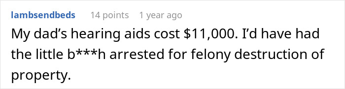 A comment about SIL bullying a brides deaf cousin, stating that destroying hearing aids is felony destruction of property. A comment about SIL bullying a brides deaf cousin, stating that destroying hearing aids is felony destruction of property.
