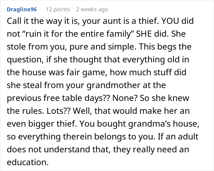 A comment detailing how an aunt stole from a family free table tradition.