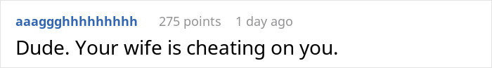 A comment on a screen, stating Dude. Your wife is cheating on you, related to a wife's secret conversations. A comment on a screen, stating Dude. Your wife is cheating on you, related to a wife's secret conversations.