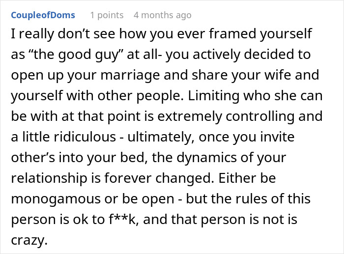 A comment from CoupleofDoms criticizing the control and dynamics in an open marriage involving a poly wife. A comment from CoupleofDoms criticizing the control and dynamics in an open marriage involving a poly wife.