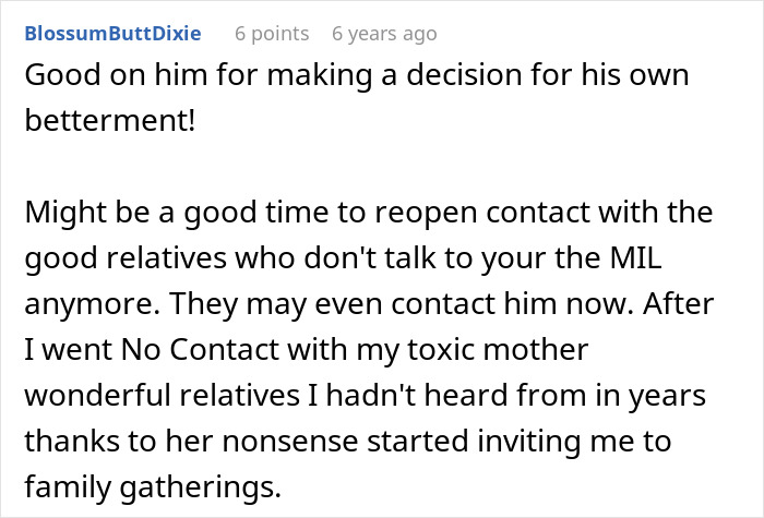 A Reddit comment advising to reopen contact with good relatives after cutting ties with a toxic mother-in-law, in the context of buying stepson's love with gifts.