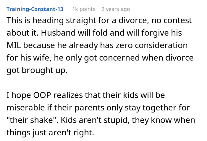 A comment about MIL almost getting what she wants, predicting divorce and a husband forgiving his MIL, ignoring his wife until divorce is mentioned. A comment about MIL almost getting what she wants, predicting divorce and a husband forgiving his MIL, ignoring his wife until divorce is mentioned.