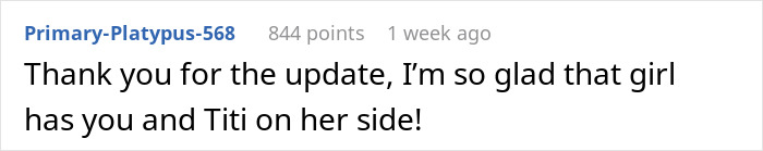 A comment thanking for an update, glad the girl has support, referencing a woman helping a friend of 20 years and her daughter. A comment thanking for an update, glad the girl has support, referencing a woman helping a friend of 20 years and her daughter.