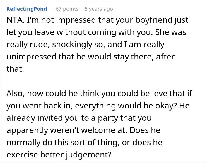 A screenshot of a Reddit comment by user ReflectingPond, discussing a boyfriend not being welcome at a party and host reaction.
