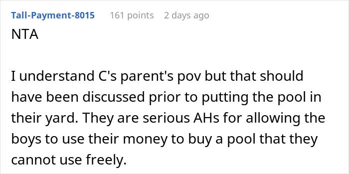 A screenshot of a Reddit comment about parents denying access to a pool paid for by brother, leading him to buy a hot tub. A screenshot of a Reddit comment about parents denying access to a pool paid for by brother, leading him to buy a hot tub.
