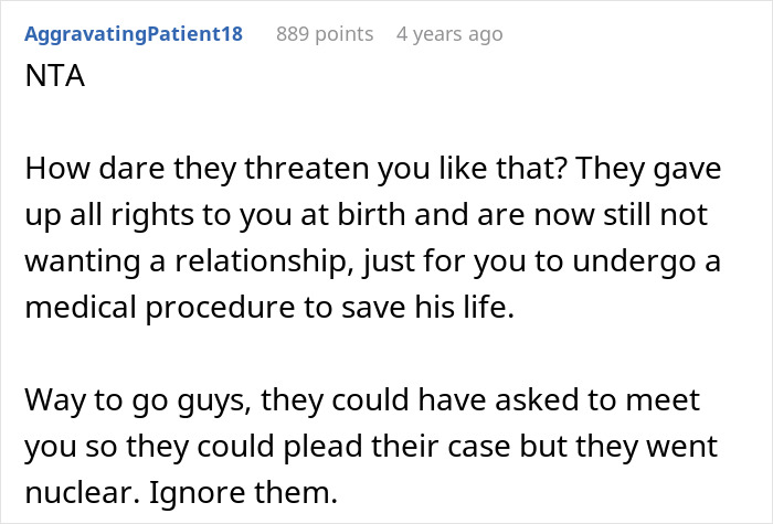 A Reddit comment regarding an adopted teen and birth parents demand, emphasizing the parents gave up rights at birth. A Reddit comment regarding an adopted teen and birth parents demand, emphasizing the parents gave up rights at birth.