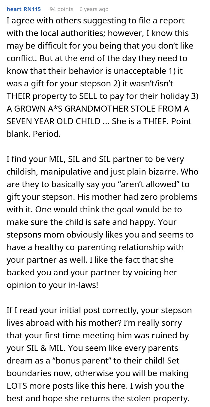 Grandma accused of buying stepson's love with gifts; reader suggests filing a report about the stolen property.