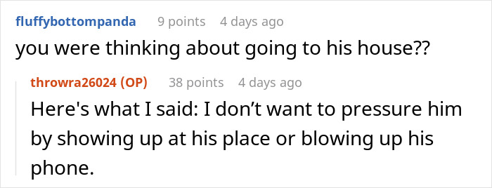 Reddit comment from OP clarifying she was not thinking of going to his house, addressing pressure after her divorce. Reddit comment from OP clarifying she was not thinking of going to his house, addressing pressure after her divorce.