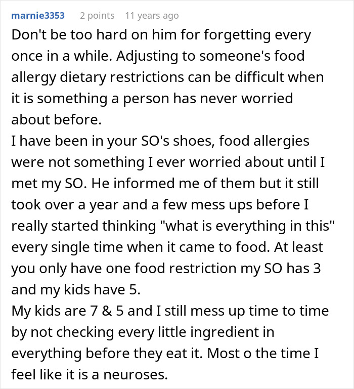 A screenshot of a comment from a user advising not to be too harsh on a boyfriend forgetting an allergy, sharing their own experience with food allergy adjustments. A screenshot of a comment from a user advising not to be too harsh on a boyfriend forgetting an allergy, sharing their own experience with food allergy adjustments.