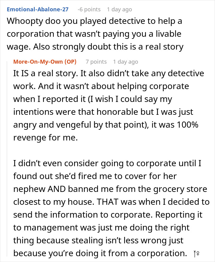 A Reddit comment from OP clarifying their motivations for reporting the theft after being fired. A Reddit comment from OP clarifying their motivations for reporting the theft after being fired.