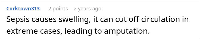 A social media comment explaining how sepsis can lead to amputation, referencing the woman's story. A social media comment explaining how sepsis can lead to amputation, referencing the woman's story.