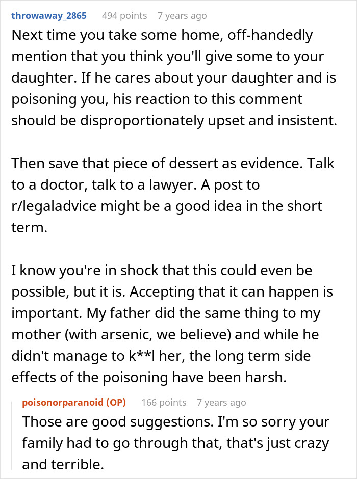 A Reddit comment suggesting the woman save dessert as evidence and consult a lawyer if she suspects her dad is tampering.