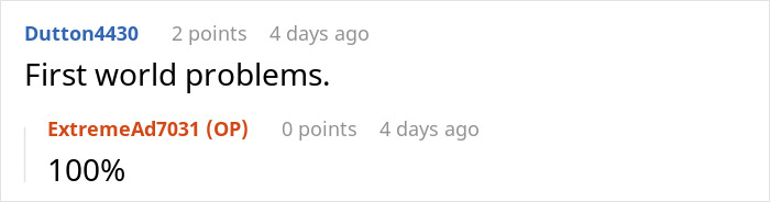 A Reddit comment stating First world problems in response to the MIL and SIL flight tickets scenario. A Reddit comment stating First world problems in response to the MIL and SIL flight tickets scenario.