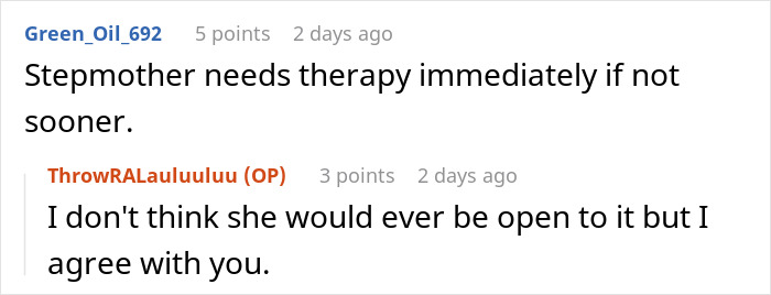 A screenshot showing a comment suggesting therapy for the stepmother hoping for motherhood through grandkids. A screenshot showing a comment suggesting therapy for the stepmother hoping for motherhood through grandkids.