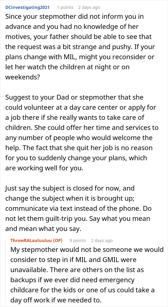 A screenshot showing a comment advising the daughter to set boundaries regarding the grandmother's plan for motherhood through grandkids. A screenshot showing a comment advising the daughter to set boundaries regarding the grandmother's plan for motherhood through grandkids.