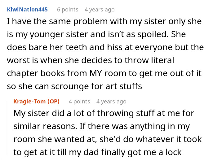 A screenshot of Reddit comments on a spoiled sister causing a brother's nightmare, with an enabling mom. A screenshot of Reddit comments on a spoiled sister causing a brother's nightmare, with an enabling mom.
