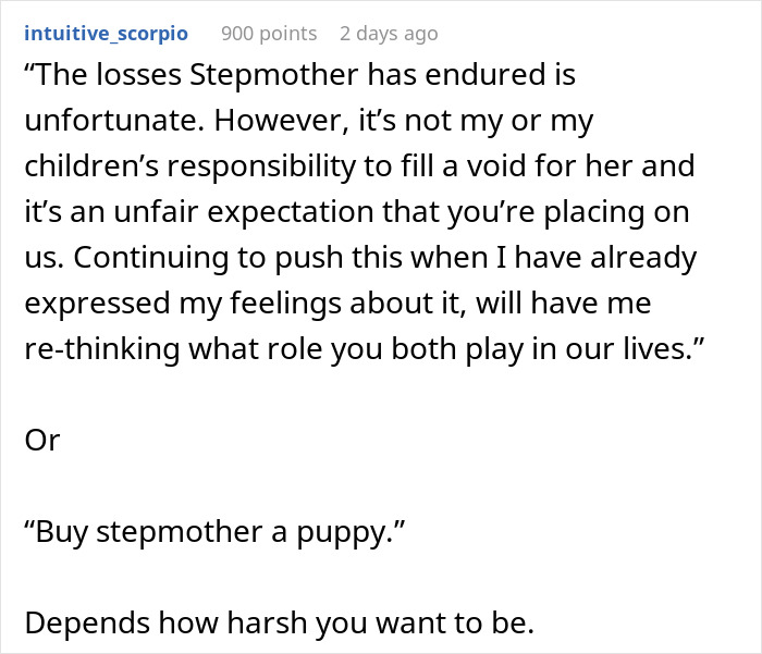 A Reddit comment suggests that children are not responsible for filling a stepmother's void for motherhood. A Reddit comment suggests that children are not responsible for filling a stepmother's void for motherhood.