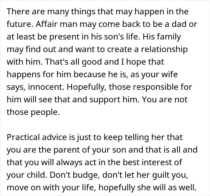 A screenshot of a comment offering practical advice to a husband whose wife cheats and makes ludicrous demands. A screenshot of a comment offering practical advice to a husband whose wife cheats and makes ludicrous demands.