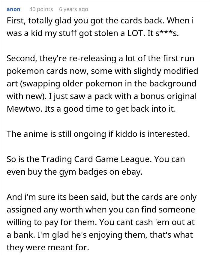 An anonymous comment discusses getting stolen cards back and the value of Pokemon cards in the story about the grandma accusing someone of buying stepson's love.