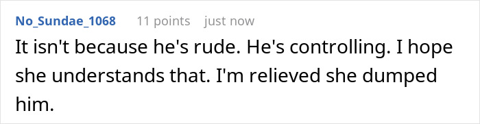 A Reddit comment highlights a boyfriend's controlling behavior over hair color, supporting the GF's decision to dump him.