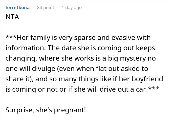 A comment on a couple deciding against housing their 25YO niece, suspecting pregnancy due to evasive family. A comment on a couple deciding against housing their 25YO niece, suspecting pregnancy due to evasive family.