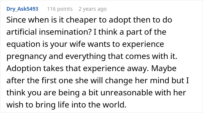 A comment discussing marriage, trying to conceive, and the wife's desire for pregnancy.