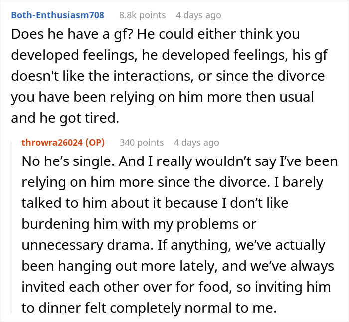 Reddit comment discussing reasons a bestie might pull away, including not being her husband, after divorce support. Reddit comment discussing reasons a bestie might pull away, including not being her husband, after divorce support.