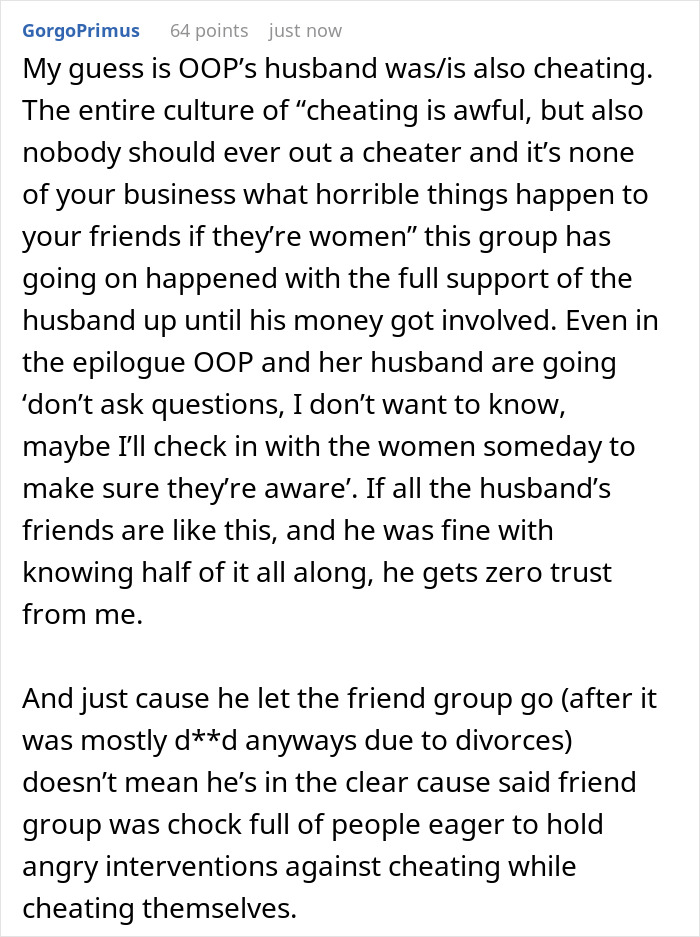 A detailed comment analyzing a group vacation affair, suggesting the husband was also cheating and knew about the situation. A detailed comment analyzing a group vacation affair, suggesting the husband was also cheating and knew about the situation.