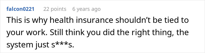 A screenshot of a Reddit comment about workplace bully stealing credit, discussing health insurance not tied to work. A screenshot of a Reddit comment about workplace bully stealing credit, discussing health insurance not tied to work.