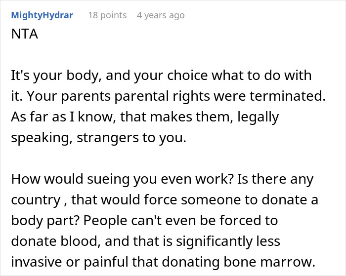 A screenshot of a Reddit comment supporting an adopted teen's right to refuse demands from birth parents. A screenshot of a Reddit comment supporting an adopted teen's right to refuse demands from birth parents.