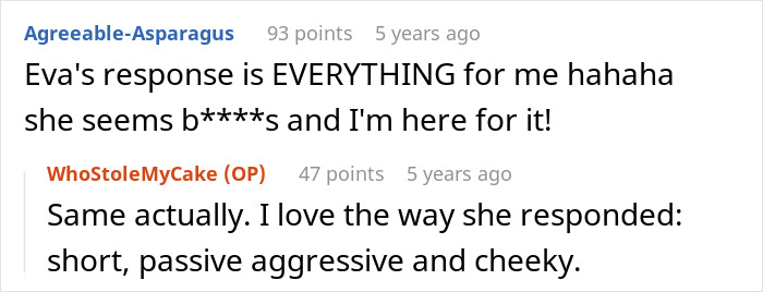 Reddit comments praising Eva's response to the mom's vitiligo insults, describing it as cheeky.