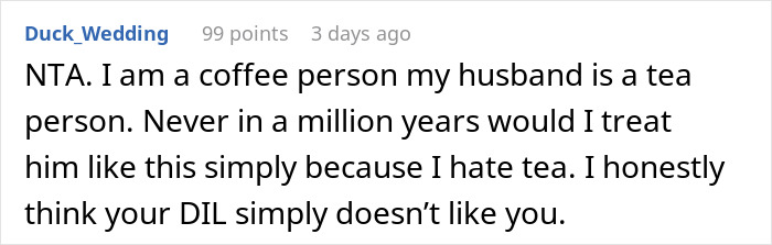 A comment on DIL coffee order, discussing tea vs coffee in MIL DIL pettiness.