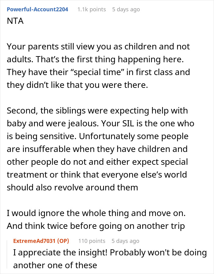 A screenshot of a Reddit comment section, discussing a family trip incident, focusing on MIL and SIL going ballistic. A screenshot of a Reddit comment section, discussing a family trip incident, focusing on MIL and SIL going ballistic.
