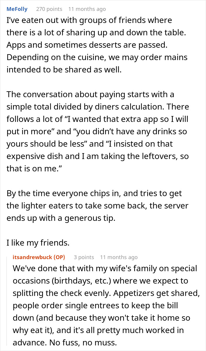 A screenshot of a comment about a couple finding fun dinner buddies and realizing neighbors just found someone to pay their bills, discussing splitting bills. A screenshot of a comment about a couple finding fun dinner buddies and realizing neighbors just found someone to pay their bills, discussing splitting bills.