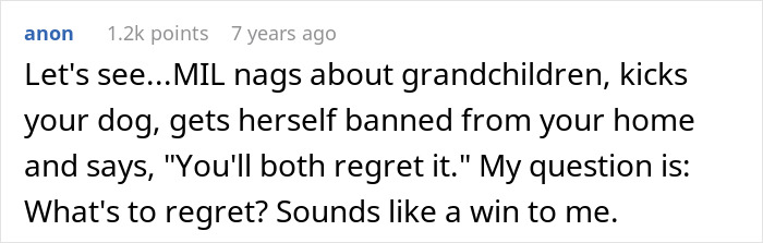 A comment on MIL demanding grandchildren, kicking a senior dog, and ending visits, questioning if there's anything to regret. A comment on MIL demanding grandchildren, kicking a senior dog, and ending visits, questioning if there's anything to regret.