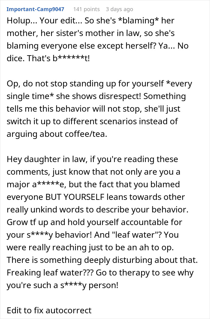 A comment criticizing the daughter-in-law's pettiness and her blame game in the coffee order situation.