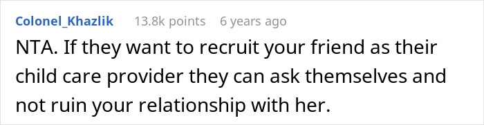 Screenshot of a Reddit comment supporting bringing a best friend on family vacation despite in-laws tantrum. Screenshot of a Reddit comment supporting bringing a best friend on family vacation despite in-laws tantrum.
