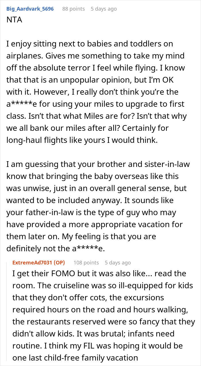 A Reddit comment debating if upgrading flight tickets on a family trip is selfish, touching on MIL and SIL reactions. A Reddit comment debating if upgrading flight tickets on a family trip is selfish, touching on MIL and SIL reactions.
