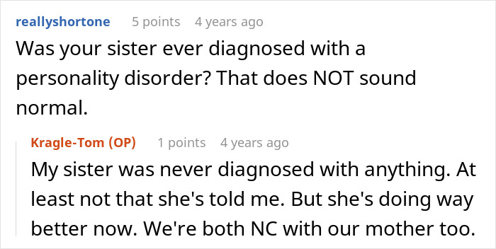 A Reddit user asks if the spoiled sister had a personality disorder, highlighting the enabling mom's impact. A Reddit user asks if the spoiled sister had a personality disorder, highlighting the enabling mom's impact.