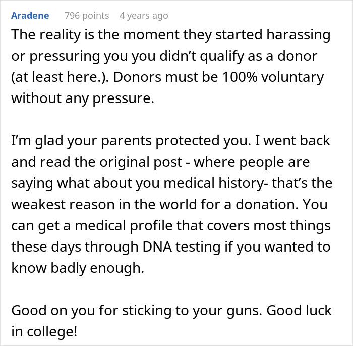 A screenshot of a comment explaining donor qualifications for an adopted teen and birth parents. A screenshot of a comment explaining donor qualifications for an adopted teen and birth parents.