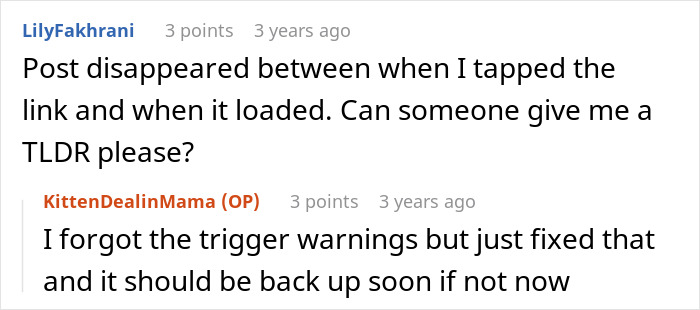 Screenshot of a Reddit comment mentioning a disappeared post and asking for a TLDR, related to a woman happy her toxic sis is infertile. Screenshot of a Reddit comment mentioning a disappeared post and asking for a TLDR, related to a woman happy her toxic sis is infertile.