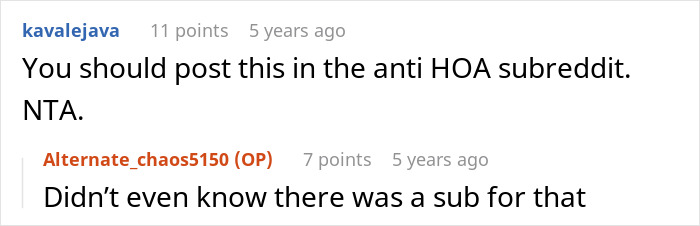 A comment suggesting posting in an anti-HOA subreddit about home and land issues free of HOA rules. A comment suggesting posting in an anti-HOA subreddit about home and land issues free of HOA rules.