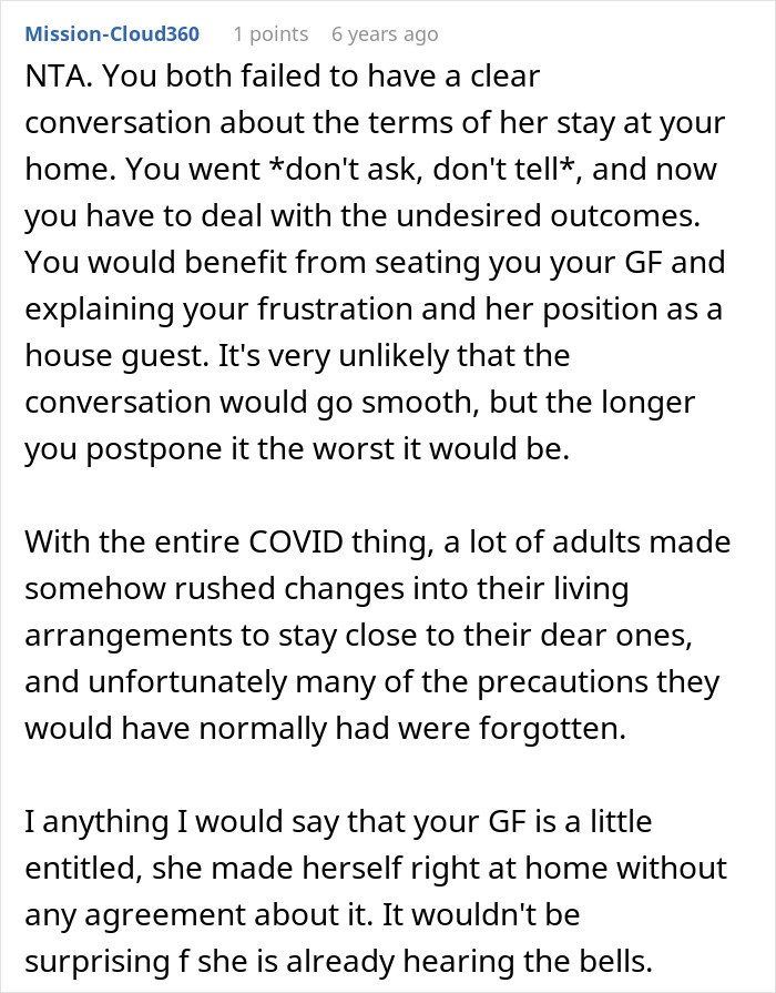 A Reddit comment discusses a woman moving into a guy's house and ignoring boundaries, suggesting communication.