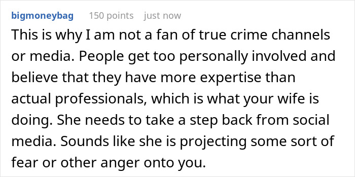 A comment about a wife obsessed with a criminal trial, suggesting she takes a break from social media.